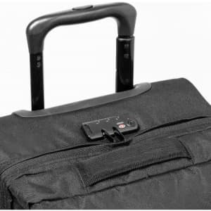 A black travel bag with a retractable handle and a zipper closure, featuring a small lock mechanism.