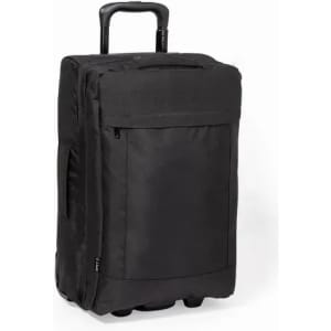 A black rolling suitcase with a retractable handle and front pocket, designed for travel convenience.