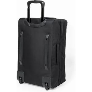 A black rolling suitcase with a retractable handle and wheels, featuring side pockets for additional storage.