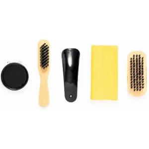A grooming set featuring a black comb, wooden brush, sponge, and cleaning brush, all arranged in a row.