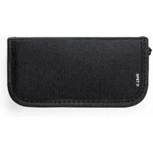 A zippered black pouch made from durable fabric with a logo. Ideal for storing small items or accessories.