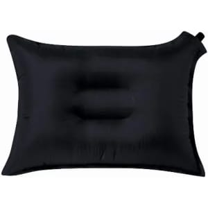 An inflatable black pillow with a contoured design for comfort. It features a small opening for inflation.