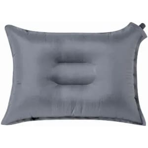 An inflatable pillow in a dark grey colour with a central indentation for comfort. It features a valve for inflation.