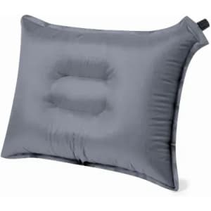 A grey inflatable pillow with a central indentation and a side handle for easy transport.