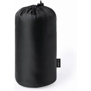 A black drawstring storage bag with a cylindrical shape and a small tag on the side.