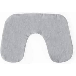 A grey neck support pillow with a contoured shape, designed for comfort. It features a soft fabric texture.
