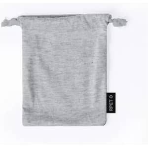 A grey drawstring pouch made from RPET material, featuring tasselled edges.