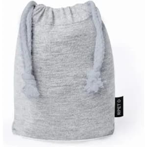 A grey drawstring bag made from RPET fabric, featuring a soft, textured finish and a matching cord closure.