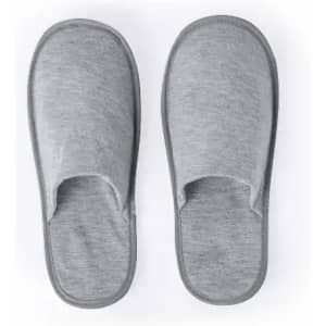 A pair of grey slippers with a simple, minimal design, featuring an open-toe and slip-on style.