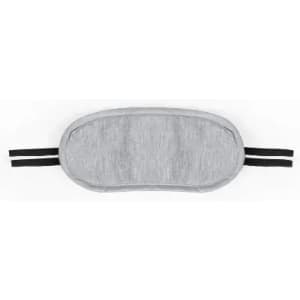 A sleep mask in grey fabric with black elastic straps on each side. Suitable for blocking out light.