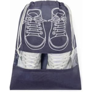 A drawstring bag in navy with a white shoe print, featuring a transparent section revealing the shoes inside.