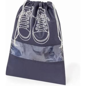 A drawstring bag in navy blue with a transparent panel and white sneaker graphic on the front.
