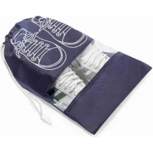 A shoe storage bag in navy with a transparent section, featuring a design of sneakers on the front.