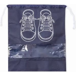 A drawstring shoe bag in navy blue featuring a white shoe print design and a transparent panel.