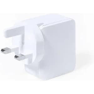A white power adaptor with two flat pins for connection. It has a smooth, rectangular design.