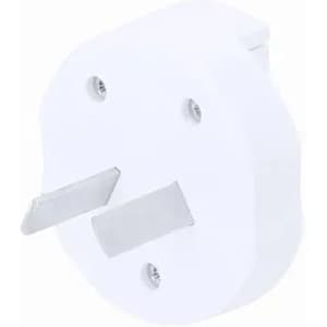 A white power adapter with two metal prongs and a smooth, rounded body. It has a simple design without any visible branding.
