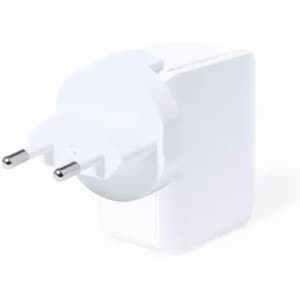 A white electrical plug adapter with two round prongs and a compact rectangular body.