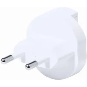 A white power plug with two pins, featuring a simple round design and a smooth surface.
