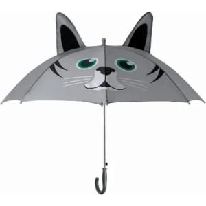 A cat-themed umbrella featuring a grey canopy with ears, eyes, and a face design. It has a curved handle.