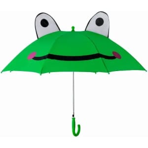 A green frog-themed umbrella with a smiling face, featuring large eyes and a curved handle.
