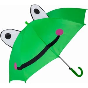 A green umbrella with a smiling face, featuring large eyes and ears, and a curved handle.
