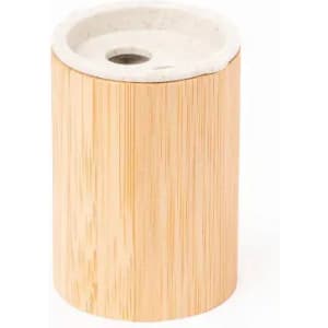 A drink bottle featuring a bamboo exterior and a white top, shaped like a cylindrical container.