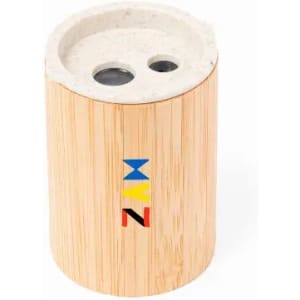 A drink bottle in a natural bamboo finish with two openings and a circular top, featuring a simple logo.