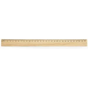 A wooden ruler with measuring markings, featuring a natural wood finish and clear black numbers.