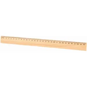 A wooden ruler with metric and imperial measurements, featuring a straight edge and a smooth finish.