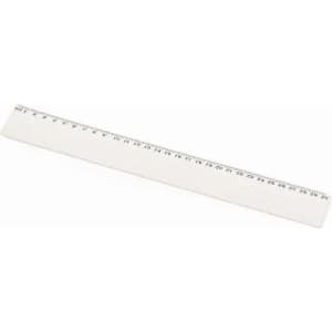 A ruler in a white colour featuring metric measurements along its length. It has a simple design with no branding.