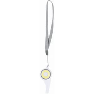 A white and yellow promotional product with a grey strap. It features a circular design and has a branding logo.