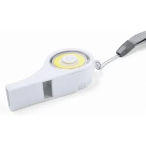 A white whistle with a yellow inner circle and a grey lanyard attached.
