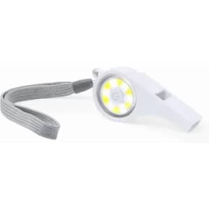 A white whistle with a grey wrist strap and a circular light featuring multiple yellow LEDs.