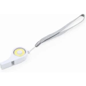 A white whistle with a yellow button and a grey wrist strap, featuring a small branding logo.