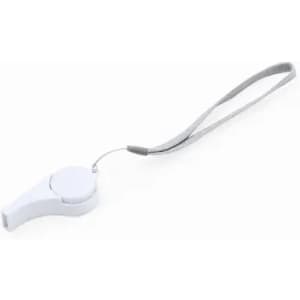 A white promotional device with a grey wrist strap, featuring a circular component on one end.