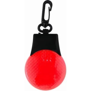 A round red light with a textured surface and a black clip for attachment.