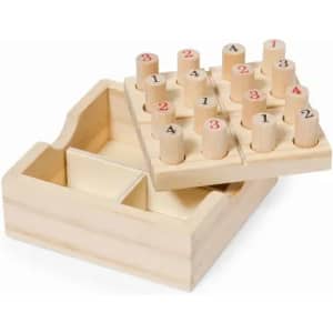 A wooden number stacking toy in a light finish, featuring numbered pegs and a storage box.