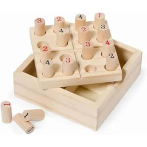A wooden number puzzle featuring cylindrical pegs in a box, with numbers 1 to 4 printed in red.