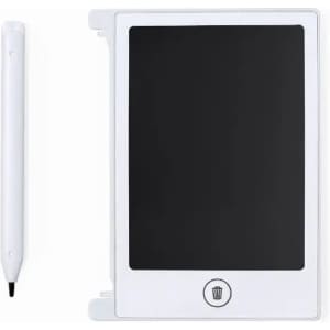 A digital notepad in white with a black screen and a matching stylus alongside it. It features a logo at the bottom.