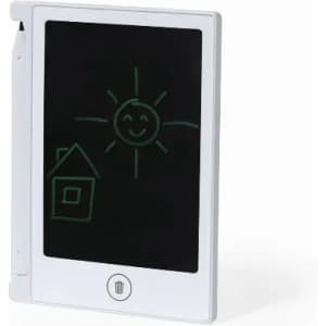 A drawing tablet in white featuring a black screen with a sun and house illustration. It comes with a stylus attached.