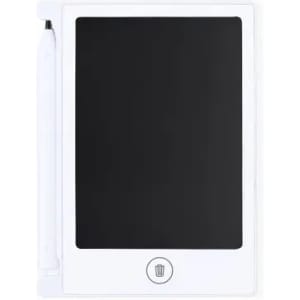 A digital writing tablet with a black screen, white frame, and stylus attached on the side.