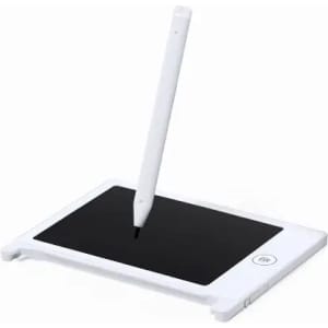 A drawing tablet in white with a black screen and a white stylus positioned above it.