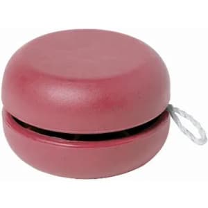 A red yo-yo with a smooth surface and a string attached, showcasing a simple round design.