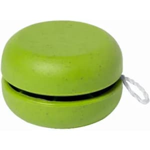 A green yo-yo with a smooth surface and a string attached for play. It has a simple, rounded design.
