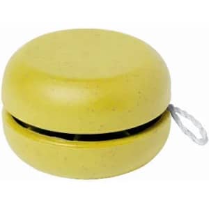 A yellow yo-yo with a smooth surface and a string attached. It has a circular, domed design.