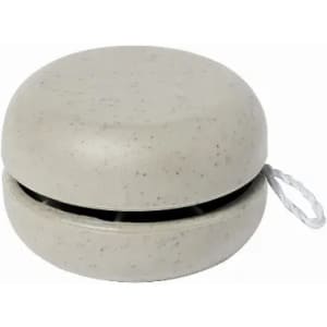A light grey yo-yo made of textured material with a string attached. It has a simple round design.