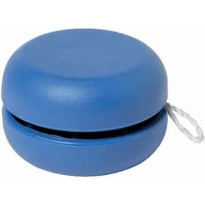 A blue yo-yo with a smooth surface and a string attached for playing.