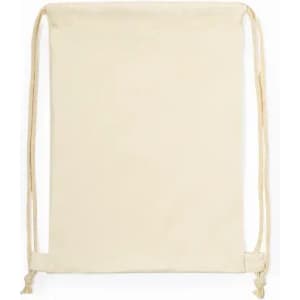 A drawstring bag in a neutral beige colour, featuring a simple design with two cords for closure.