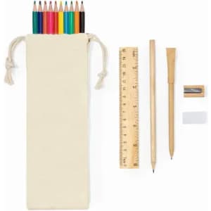A pencil case containing eight coloured pencils, a wooden ruler, a pencil, an eraser, and a sharpener.