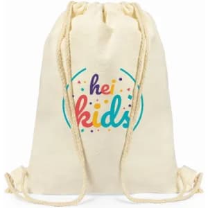 A drawstring backpack in cream colour featuring a playful multicoloured graphic with the word "kids" and a logo.